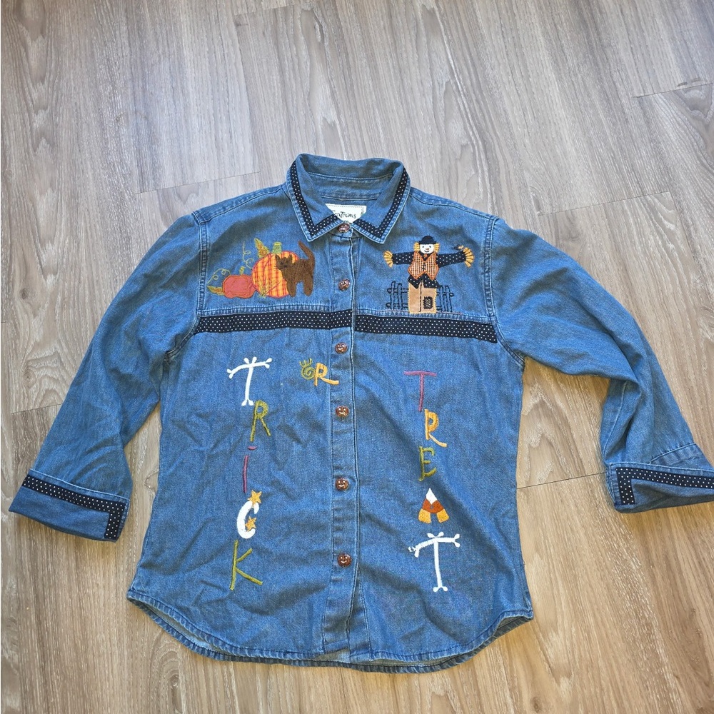 VTG Tantrums Denim Dress Jean Jacket HALLOWEEN Pumpkin Buttons Trick Or Treat